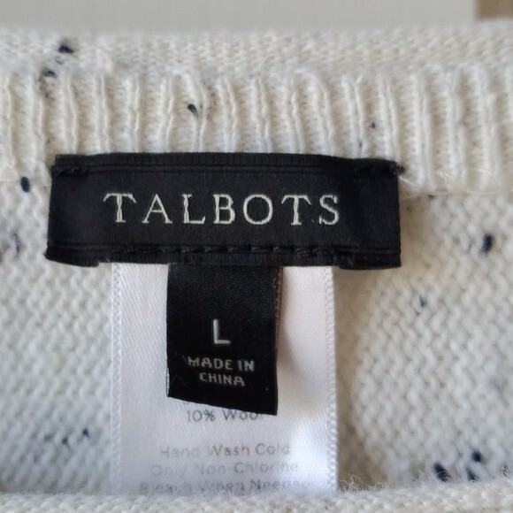 TALBOTS WOOL COTTON BLEND WHITE BLACK SPECKLED SWEATER SIZE LARGE CREW NECK - Picture 3 of 9